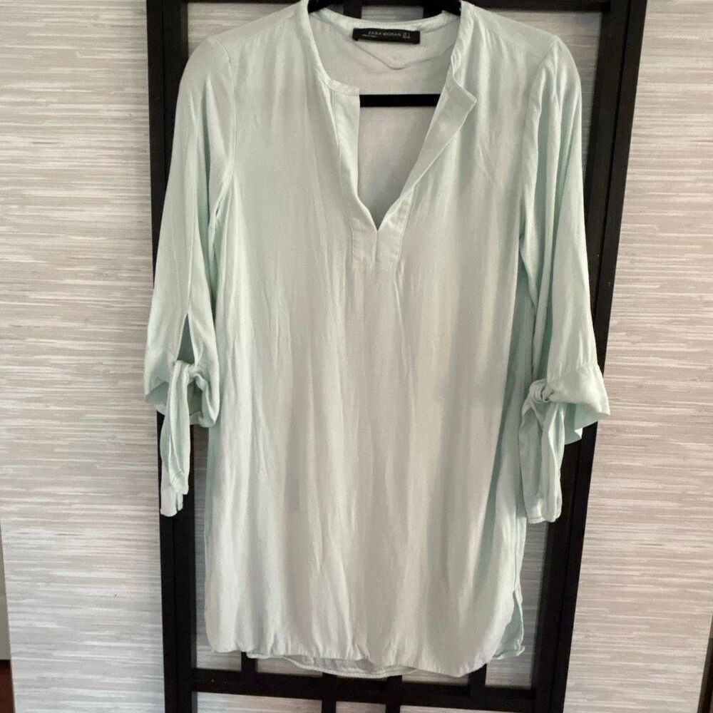 Zara Woman soft green rayon tunic top size S three-quarter sleeve